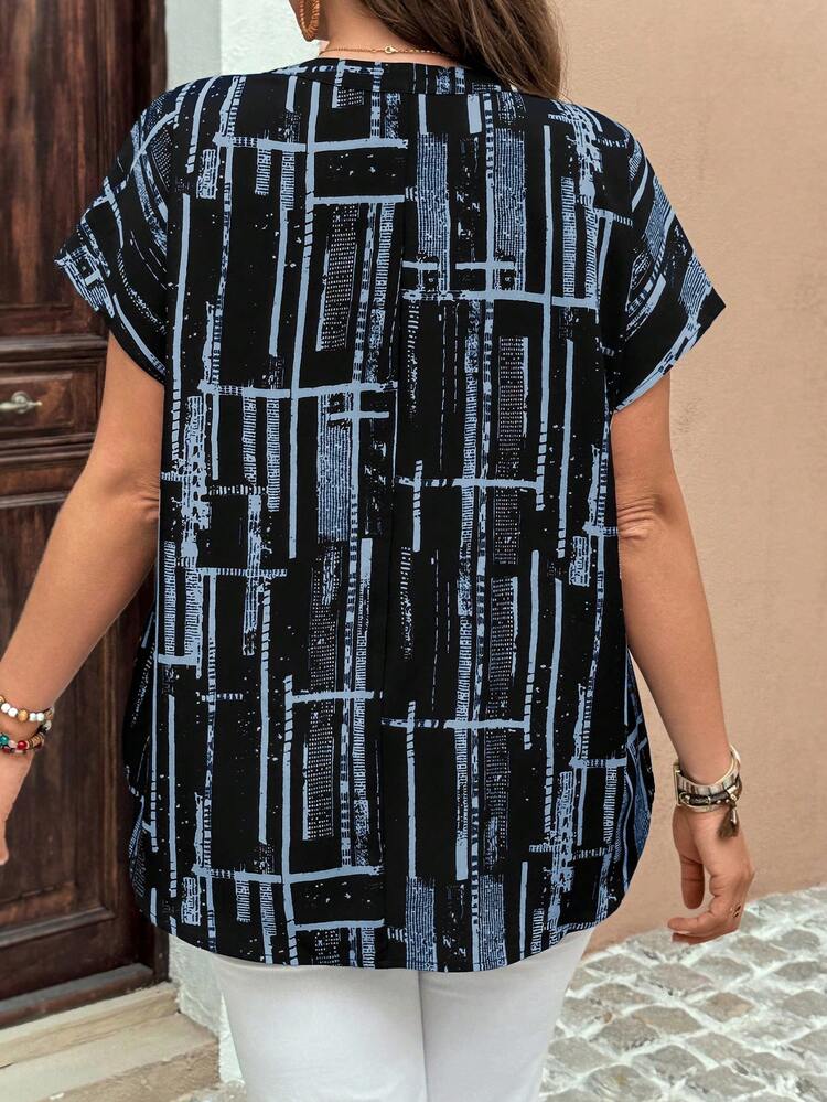Plus Size Contrast Color Print Casual Short Sleeve Shirt