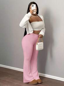 Slaydiva 女士纯色高腰弹力收腹瑜伽裤 - 粉色 - 查看 6