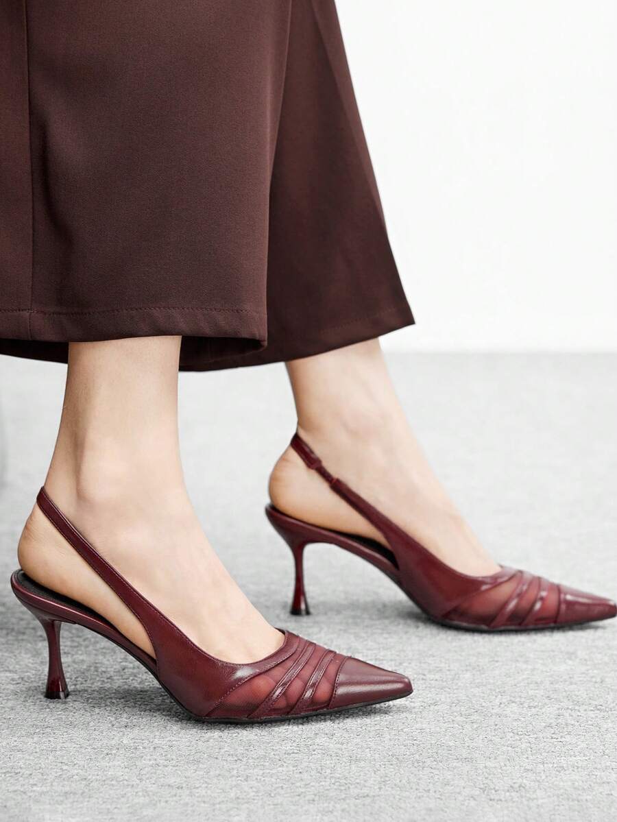 CUCCOO BIZCHIC Zapatos de tacón alto y fino con punta y tira trasera en 2026 Primavera, color burdeos, con pliegues y malla, para citas, fiestas y uso diario - Burdeos - Ver 1