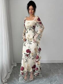 SHEIN Elenzya Đầm dài màu mơ phối lưới hoa hồng thanh lịch mùa xuân/hè mới dành cho nữ, đầm đi nghỉ mát, đầm đi biển thường ngày, thích hợp cho buổi hẹn hò ngày Valentine, tiệc tùng, gặp gỡ hàng ngày, đi chơi, đầm dự tiệc cưới. - Màu be - Xem 5