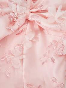 Tween Girls' Light Pink Summer Elegant Wedding Satin Bow Off-Shoulder Embroidered Applique Spaghetti Strap Pleated Midi Dress For Birthday Party - Pink - View 3