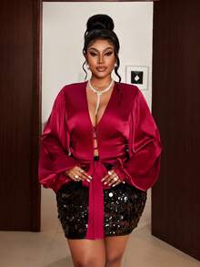 Maweii Áo kiểu gợi cảm cổ chữ V khoét rỗng tay dài buộc dây dành cho người có thân hình đầy đặn - Màu Đỏ Sâu - Xem 5