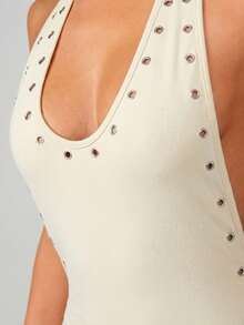 MISSGUIDED Sleeveless Scoop Neck Maxi Dress With Eyelet Studded Details Racerback Evening Formal Bodycon Floor Length Gown - Cream - View 6