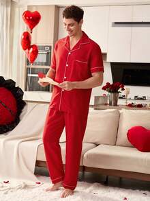 CoupledUp Contrast Trim Lapel Short Sleeve Pajama Set For Men - Red - View 2