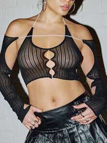 SHEIN ICON 1件镂空透视珍珠链装饰超短半袖Y2K黑色镂空透视性感网眼领口背心，春秋季