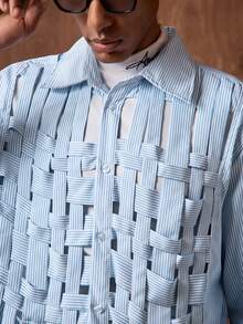 AKNOTIC Herren Lässig gestreiftes Hemd mit Knopfleiste und Langarm, Sommer Bruno Mars Herren Sommer Knopfhemd in Pulverblau, Herren Resort-Wear Jackpot Sumwon Herren Babyblau Hemd - Blau-Weiß - Übersicht 3