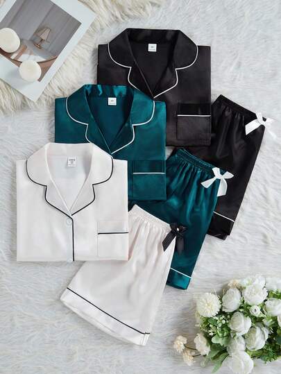 3pcs Girls Pajama Set, Solid Color Lapel Cardigan, Short Sleeve Top And Shorts, Casual Comfortable Home Outfit, Suitable For Family Gatherings And Indoor Wear, Summer