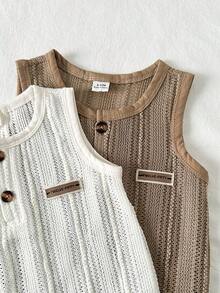 Playful Pals Set de 2 piezas Mono sin mangas con diseño de malla hueca de moda casual para bebés niños, adecuado para salidas de primavera/verano, vacaciones y uso diario - Multicolor - Ver 6