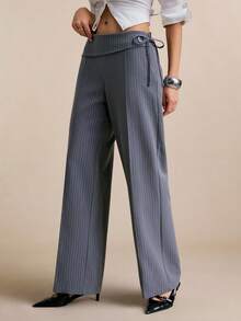 Poéselle Women's Pants Foldover Waist Pinstripe Wide-Leg Trousers – Adjustable Ring-Tie Workwear Pants Foldover Waist Pants, Pinstripe Trousers, Wide Leg Office Pants, Grey Dress Pants, Y2k Workwear, Tailored Wide Leg, Ring Belt Pants, Quiet Luxury Style Striped Fold-Over Waist Flared Leg Pants, Commuter Style Summer Outfits - Grey - View 6