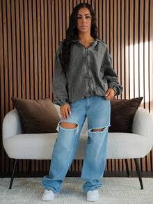 SAYEHFBABY 女士水洗牛仔连帽夹克 - 灰色 - 查看 4