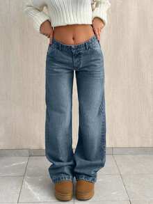 SHEIN Petite CASUAL LOW WAIST BAGGY LOOSE STRAIGHT LEG JEAN - Dusty Blue - View 1