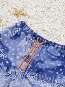 Quần bơi SUMWON họa tiết Paisley với cạp chun và dây rút, thích hợp cho bé trai tuổi teen, đi biển, hồ bơi, nghỉ mát, đồ bơi thường ngày. - Màu xanh lam - Xem 3