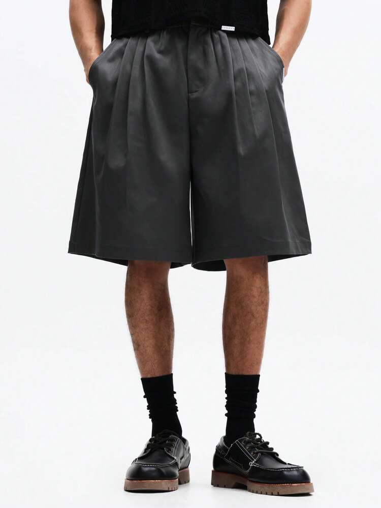 SUMWON Relaxed Fit Wide Leg Charcoal Pleated Shorts With Side Pockets For Casual Summer Streetwear Plain