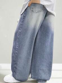 Denimly Boys' Casual Daily Urban Street Elastic Waist Zipper Pocket Distressed Design Straight Leg Denim Jeans - Medium Wash - View 3