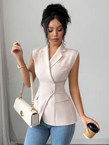 Elenzga 女士春夏新款极简通勤风，都市职业装，适合独立日、情人节、新年派对等场合，修身腰线，商务办公，日常穿着，浅杏色休闲西装外套 - 杏色 - 查看 7