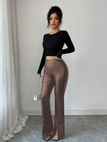 Elenzga 女士休闲纯色蕾丝拼接打底裤 - 咖啡棕 - 查看 7