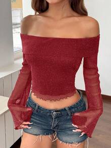SHEIN EZwear 玫瑰红针织网眼亮面纱露肩女式上衣，春夏款 - 玫瑰紅 - 查看 4