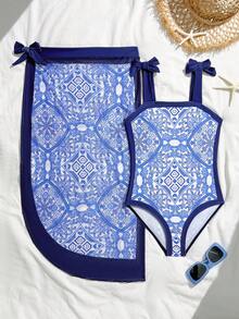 Retro Print Tween Girls One-Piece Swimsuit - Blue and White - View 5