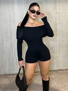 Dayanna Comas 针织罗纹露肩连体裤，适合节日、性感、伊比沙岛音乐节、假日狂欢、假期、感恩节等场合，尽显时尚魅力。 - 黑色 - 查看 1