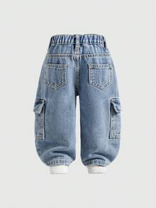 SHEIN Playful Pals 男童时尚街头时尚石洗工装口袋宽松浅蓝色牛仔裤