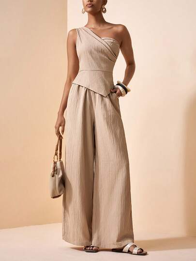 Zivah 2026 Spring New Mediterranean Vacation, Music Festival, Easter, Western, Nomadic, Birthday Party, Casual, Vacation, Beach, Wedding, Commute, Casual, Elegant, Minimalist, Streetwear, Date Outfit Women's Loose Asymmetric Hem Ruched Top And Wide Leg Elastic Waist Pants Set