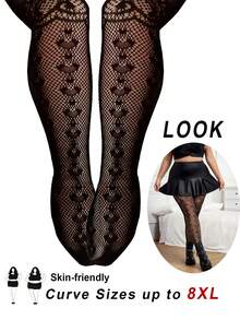 SHEIN CURVE+ Collant trasparenti a forma di cuore eleganti per donne curvy/taglie forti, adatti per San Valentino - nero - Visualizzare 8