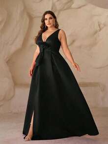 SHEIN Belle Plus Size Deep V-Neck High Slit Asymmetrical Bow Formal Dress, Elegant Evening Gown - Black - View 5
