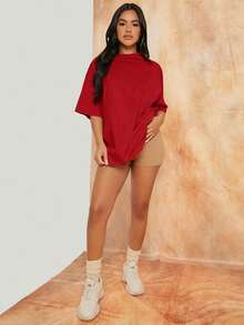 SHEIN SXY 落肩长款T恤衫 演唱会长款夏季连衣裙 舞会礼服 性感连衣裙 情人节连衣裙 - 紅色 - 查看 4