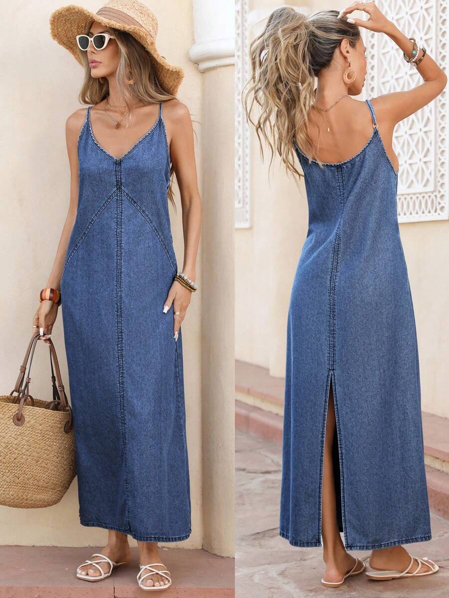 Selianne Women's Casual Vacation Denim Camisole Dress - Dark Wash - View 1