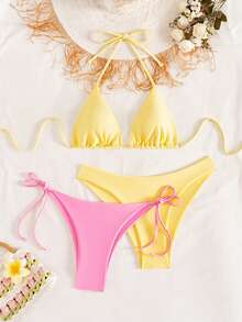 Swim Basics 3pcs Women's Solid Color Simple Halter Neck Swimsuit Set - Multicolor - View 1