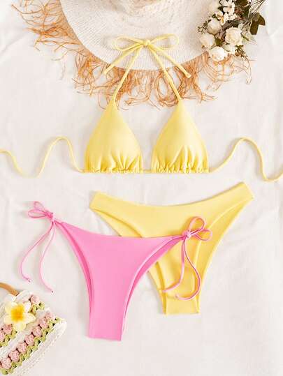 Swim Basics 3-delat set med enkel halterneck i enfärgat och damunderlägg