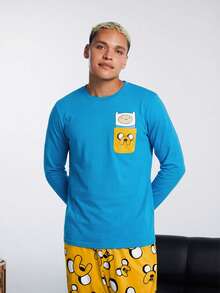 ADVENTURE TIME X SHEIN Men's Casual Knit Patched Pocket Dog Print T-Shirt & Allover Print Yellow Pants Loungewear Set