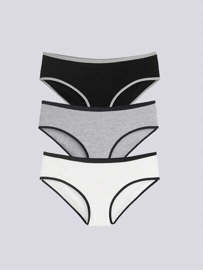 Loungeista 3入組運動風格和極簡主義風格的女孩中腰三角設計黑白日本風內褲