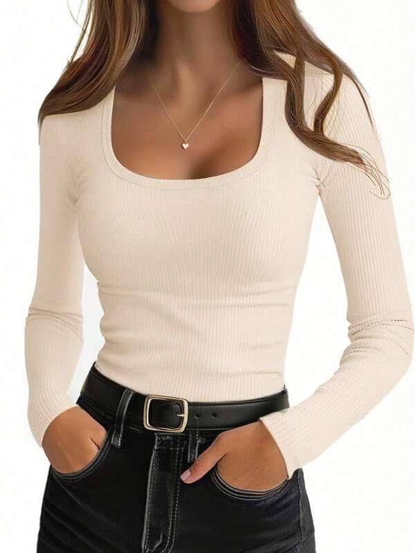 EMERY ROSE Women's Casual Solid Color Ribbed Square Neck Long Sleeve Bodysuit