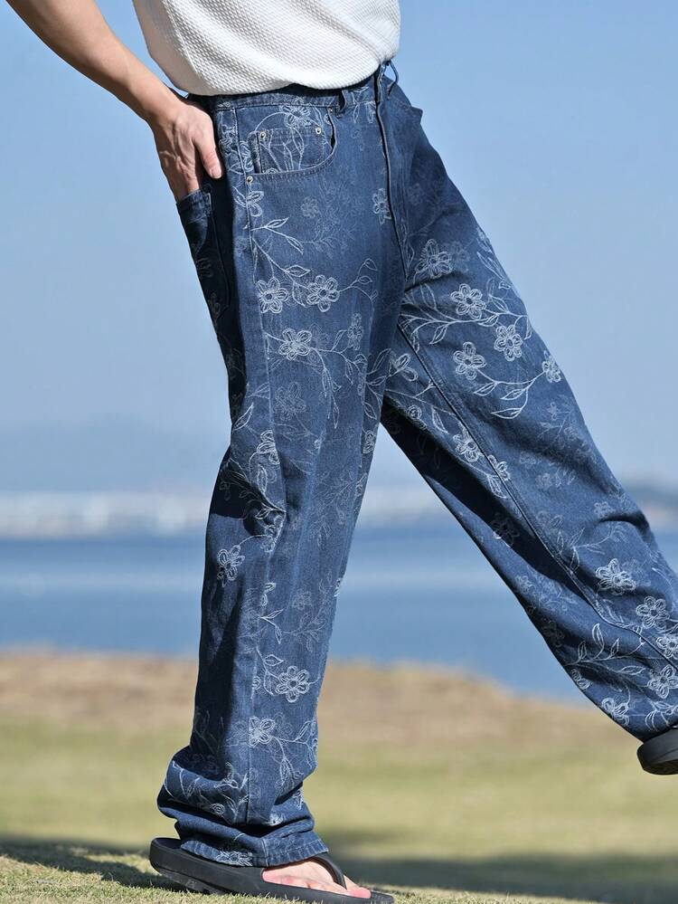 Autumn Textured Fabric Distressed Blue Men's Jeans