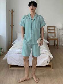 DAZY Men's Summer Short Sleeve Shirt And Shorts Striped Pajama Set - Blue - View 4
