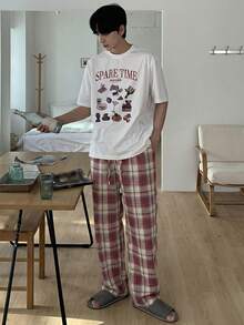 DAZY Pantalones de estar por casa de cuadros rojos con cintura elástica para hombre, primavera/verano - Rojo - Ver 4