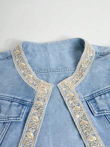 GlowEve Women's Floral Embroidered Long Sleeve Open Front Casual Denim Jacket - Blue - View 4