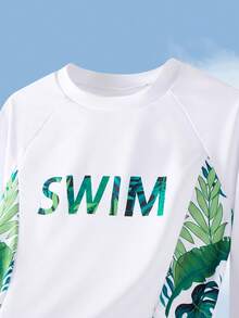 SHEIN 两件套青少年男童休闲度假图案长袖泳衣和泳裤套装