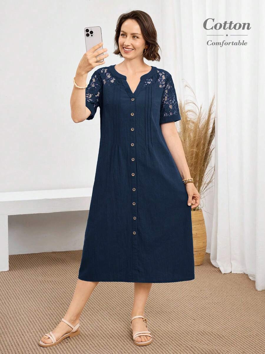 Miaspire Women's Casual V-Neck Lace Patchwork Mid-Length Dress - Navy Blue - View 1