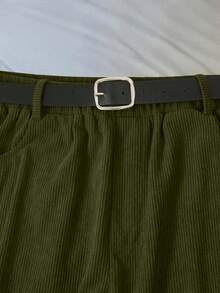 Franclia Quần dài cỡ lớn mùa thu/đông có túi, chất liệu vải nhung kẻ với thắt lưng phối nhiều mảnh. - Màu xanh Ô liu - Xem 3