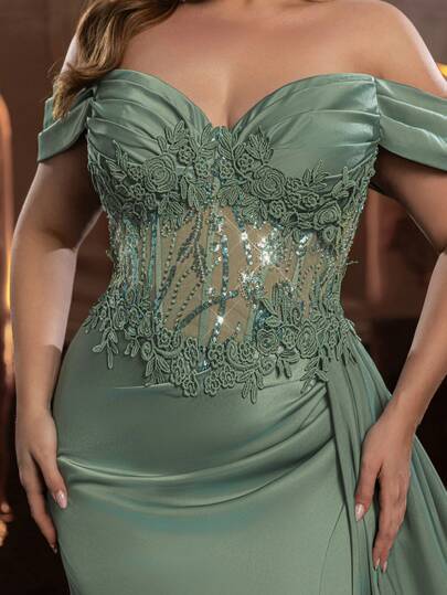 Glamrae Falda de cola de pez con abertura lateral sexy, elaborada con encaje, lentejuelas y satén en un diseño de patchwork elegante y lujoso, adecuada para fiestas, galas, ceremonias, bodas y ocasiones formales en tallas grandes