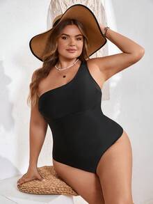 SHEIN CURVE+ Plus Size Women One-Piece Swimsuit, Shoulder Strap, Suitable For Summer Vacation - Black - View 3