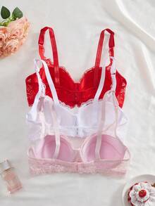 SHEIN Bộ 3 áo ngực có gọng tối giản dành cho nữ, nội y ren gợi cảm kiểu Pháp lãng mạn. - Nhiều màu - Xem 2