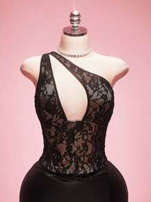 SHEIN ICON Blouse sexy à une épaule en dentelle ajourée, grande taille Y2K - Noir - Voir 1