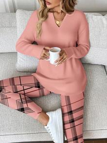 EMERY ROSE 大码女式纯色V领长袖上衣和格子打底裤休闲两件套 - 彩色 - 查看 1