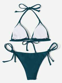 Swim Vcay Women's Solid Color Halter Tie Sexy Bikini Swimwear Set, Summer Beach - Teal Blue - View 2