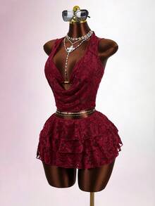 Zestiva 女士夏季度假休闲沙滩套装，纯色深红色四件套可调节比基尼套装，包括裹身式上衣、挂脖式上衣、蛋糕裙和泳衣 - 酒紅色 - 查看 4