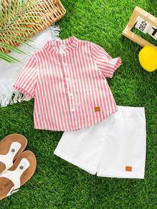 SHEIN 2pcs Young Boys Casual Comfortable Versatile Striped Mandarin Collar Short Sleeve Shirt And Shorts Set - Pink - View 3