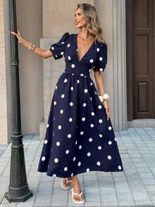 Pariaura Polka Dots Dress Spring/Summer New Arrival: Navy Blue Dress With White Polka Dots, Women's Deep V-Neck, Puff Short Sleeves, And Cinched Waist - A French-Inspired Elegant Dress. - Navy Blue - View 7